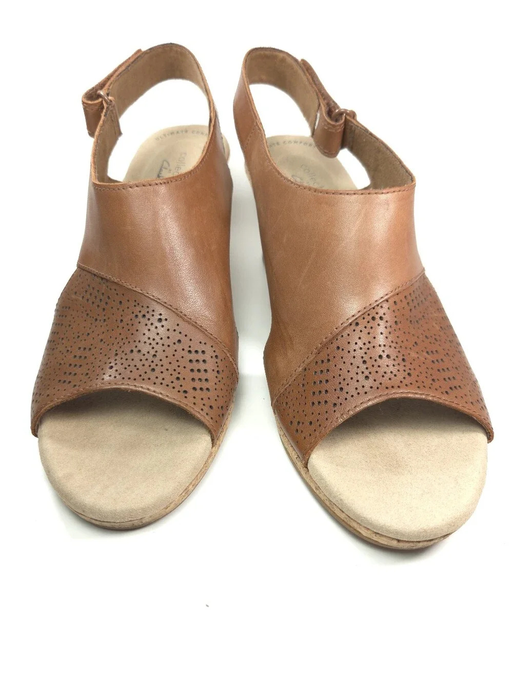 Clarks Lafley Joy Tan Leather Perforated Cork Wedge Slingback Sandals Sz 8.5